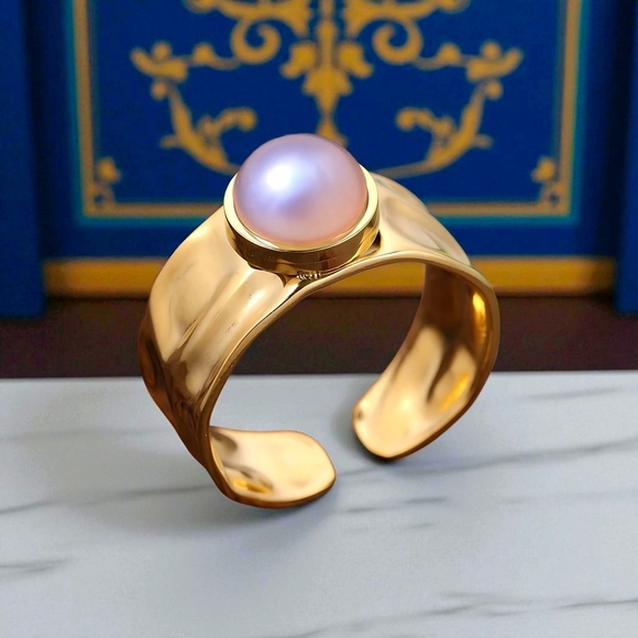 🆕 Celestial Statement Ring 18K Gold Plated Adjustable with Faux Pearl Glow - Picture 4 of 14